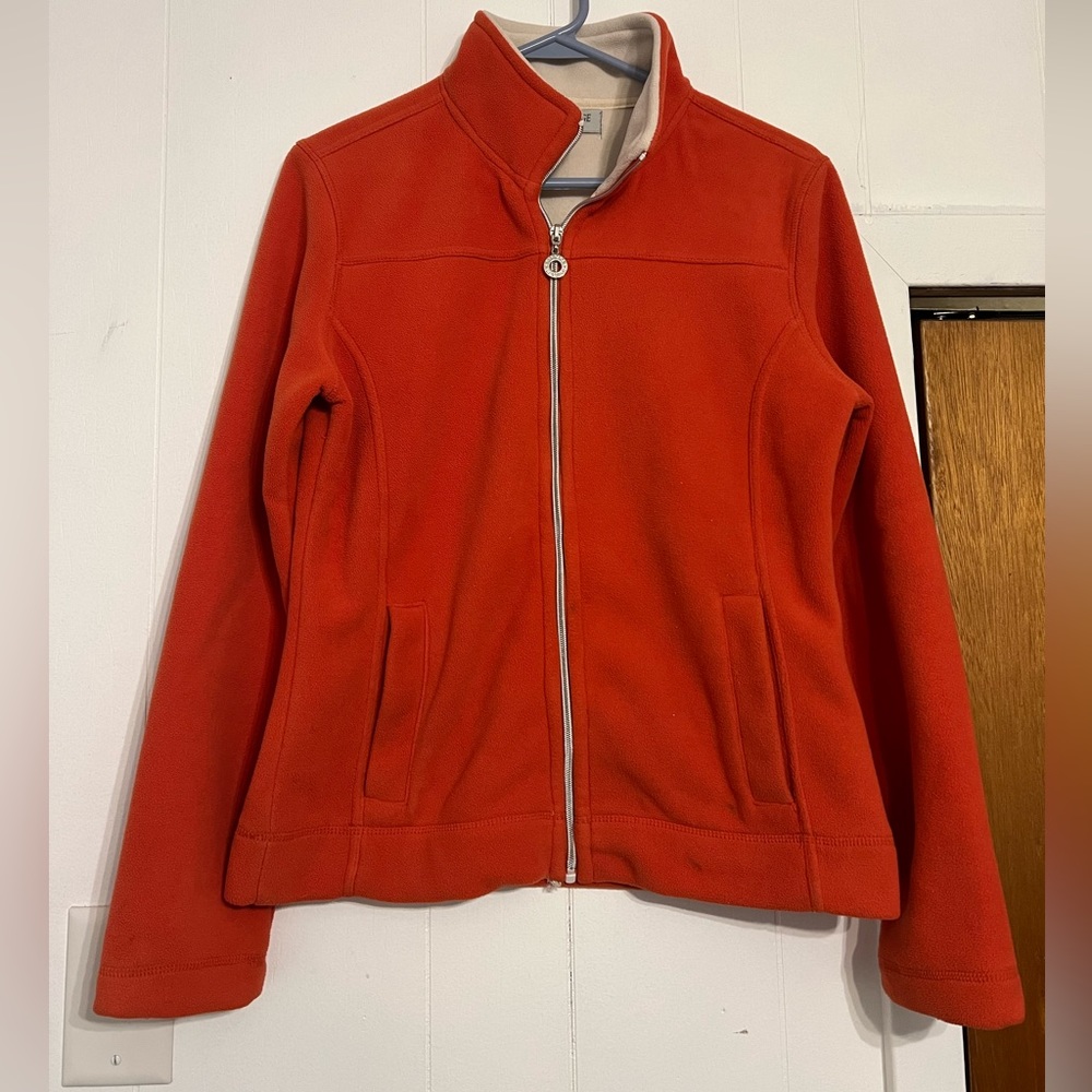 Orange zip up fleece jacket outdoors comfy warm hiking camping granola girl